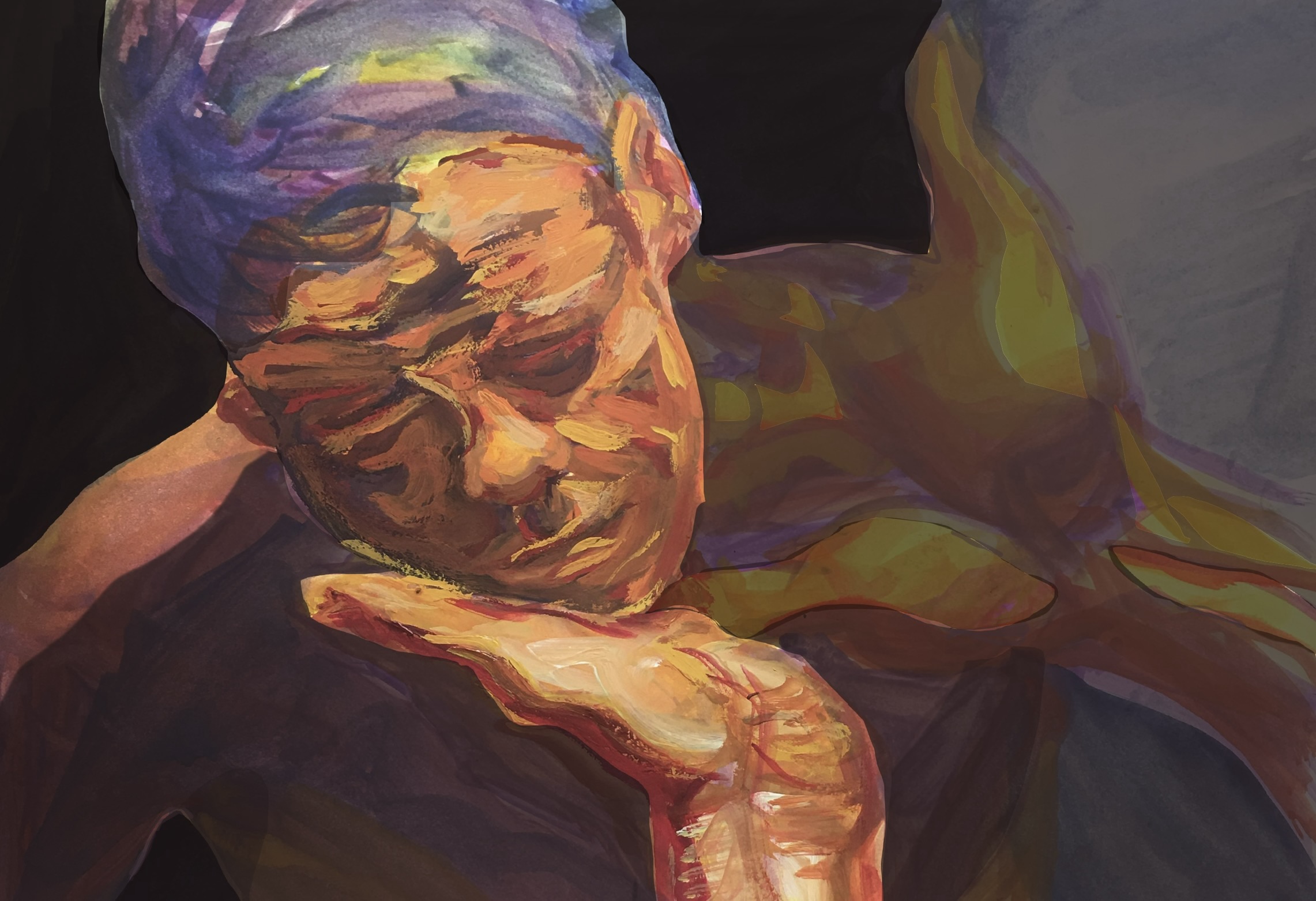 Warm ochre figure study layered over transparent shadow.