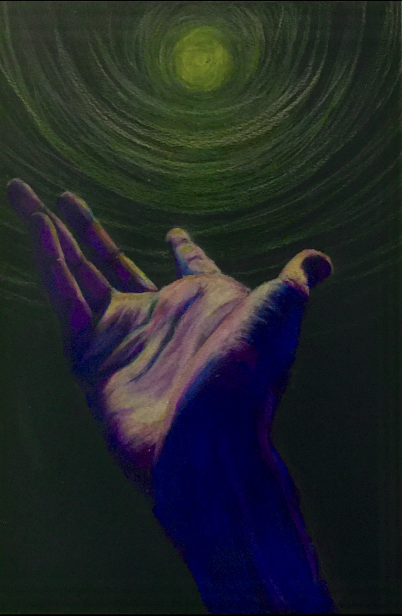 A hand reaches upward toward a green circular glow.