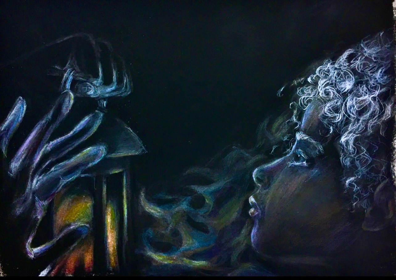 Lantern light, a reaching hand, and a face emerging from blue-green darkness.